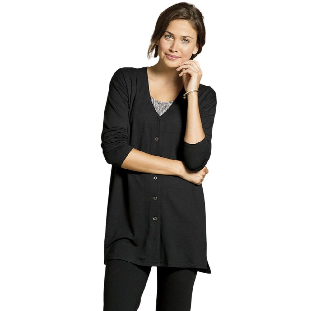 J.Jill Wearever Longline Button-Front Black Stretch Jersey Top Large